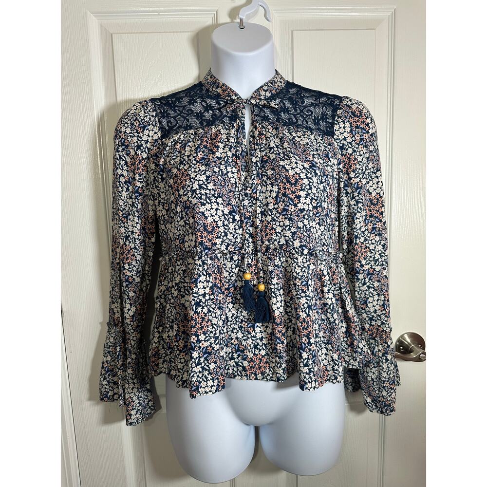 Gypsies and Moondust ditzy floral blue peasant blouse - Size M